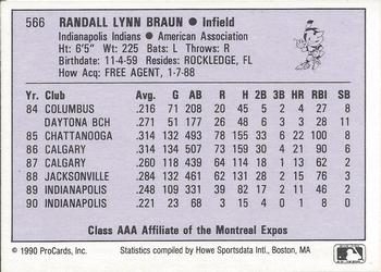 1990 ProCards AAA #566 Randy Braun Back