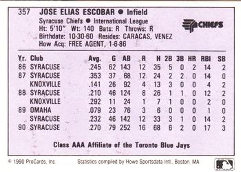 1990 ProCards AAA #357 Jose Escobar Back
