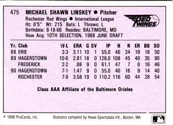 1990 ProCards AAA #475 Mike Linskey Back