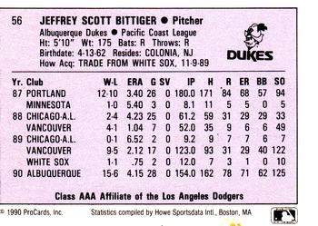 1990 ProCards AAA #56 Jeff Bittiger Back