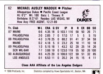 1990 ProCards AAA #62 Mike Maddux Back