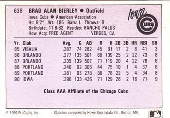 1990 ProCards AAA #636 Brad Bierley Back