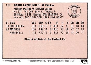 1990 ProCards A and AA #114 Darin Kracl Back