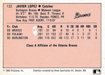 1990 ProCards A and AA #132 Javy Lopez Back