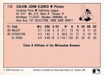 1990 ProCards A and AA #138 Cal Eldred Back