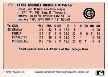 1990 ProCards A and AA #173 Lance Dickson Back
