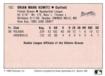 1990 ProCards A and AA #192 Brian Kowitz Back
