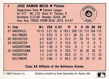 1990 ProCards A and AA #4 Jose Mesa Back