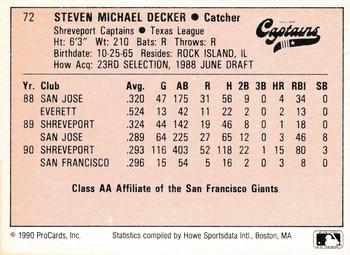 1990 ProCards A and AA #72 Steve Decker Back