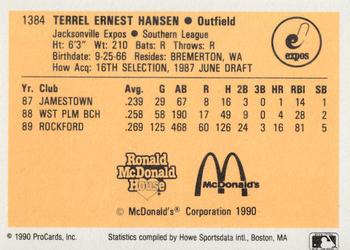 1990 ProCards #1384 Terrel Hansen Back