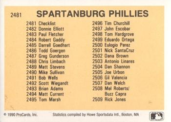 1990 ProCards #2481 Spartanburg Phillies Checklist Back