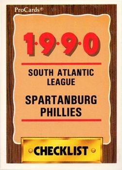 1990 ProCards #2481 Spartanburg Phillies Checklist Front