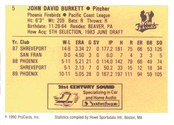 1990 ProCards #5 John Burkett Back