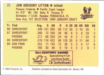 1990 ProCards #20 Greg Litton Back