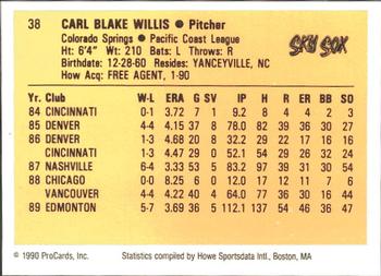 1990 ProCards #38 Carl Willis Back