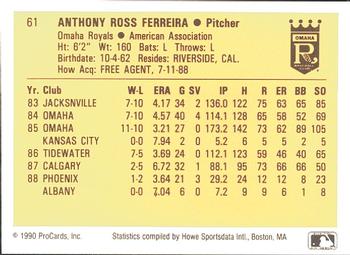 1990 ProCards #61 Tony Ferreira Back