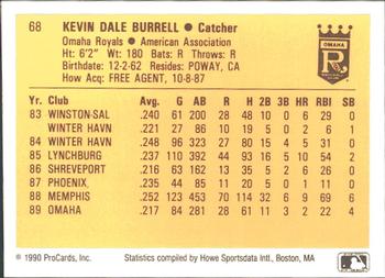 1990 ProCards #68 Kevin Burrell Back