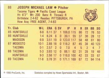 1990 ProCards #88 Joe Law Back