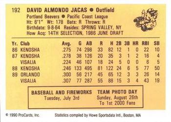 1990 ProCards #192 Dave Jacas Back
