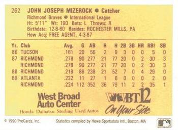 1990 ProCards #262 John Mizerock Back