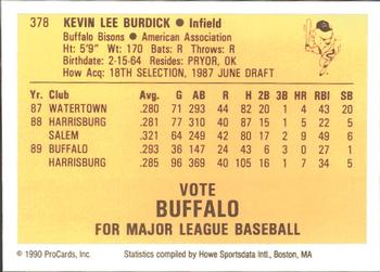 1990 ProCards #378 Kevin Burdick Back