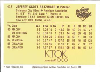 1990 ProCards #433 Jeff Satzinger Back