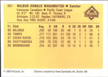 1990 ProCards #491 Don Wakamatsu Back