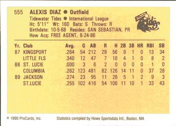 1990 ProCards #555 Alex Diaz Back