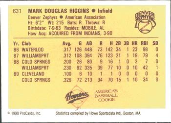 1990 ProCards #631 Mark Higgins Back