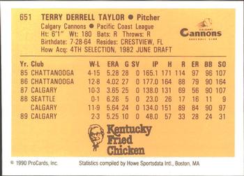 1990 ProCards #651 Terry Taylor Back