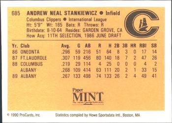 1990 ProCards #685 Andy Stankiewicz Back