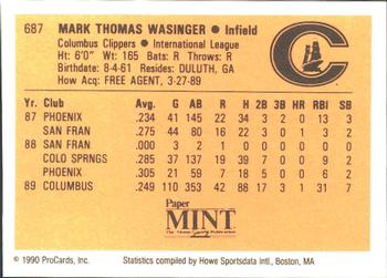 1990 ProCards #687 Mark Wasinger Back