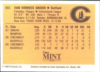 1990 ProCards #692 Van Snider Back