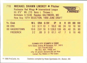 1990 ProCards #718 Mike Linskey Back
