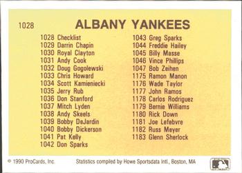 1990 ProCards #1028 Albany Yankees Checklist Back