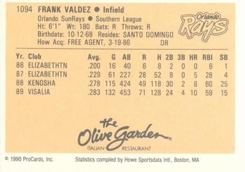 1990 ProCards #1094 Frank Valdez Back