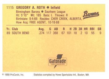 1990 ProCards #1115 Greg Roth Back