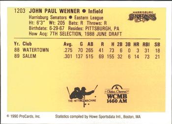 1990 ProCards #1203 John Wehner Back