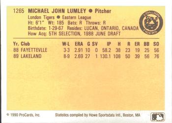 1990 ProCards #1265 Mike Lumley Back