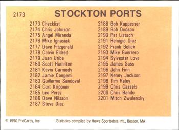 1990 ProCards #2173 Stockton Ports Checklist Back