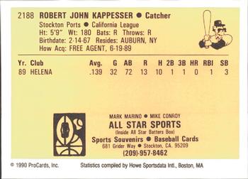 1990 ProCards #2188 Bob Kappesser Back