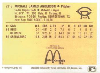 1990 ProCards #2318 Mike Anderson Back