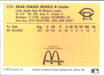 1990 ProCards #2326 Brian Nichols Back