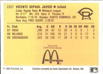1990 ProCards #2327 Vicente Javier Back