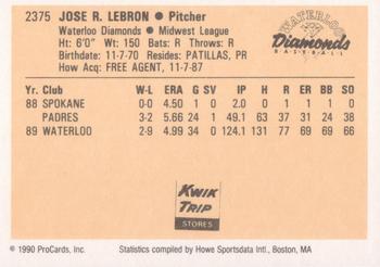 1990 ProCards #2375 Jose LeBron Back
