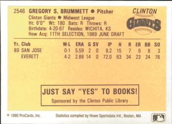 1990 ProCards #2546 Greg Brummett Back