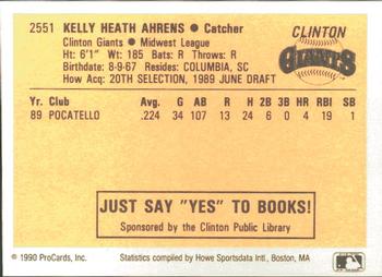 1990 ProCards #2551 Kelly Ahrens Back