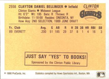 1990 ProCards #2558 Clay Bellinger Back