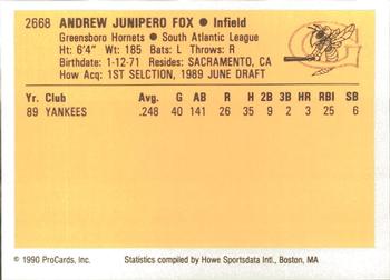 1990 ProCards #2668 Andy Fox Back
