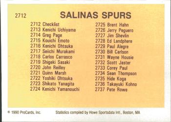 1990 ProCards #2712 Salinas Spurs Checklist Back